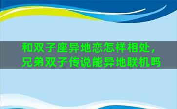 和双子座异地恋怎样相处，兄弟双子传说能异地联机吗